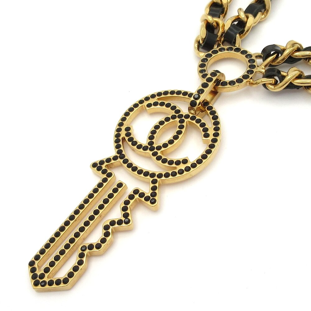 Chanel Coco Necklace Gold Black Hardware Leather Rhinestones